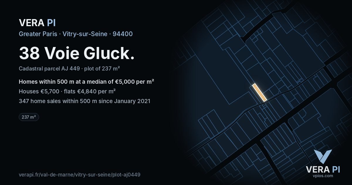 38 Voie Gluck, Vitry-sur-Seine at night – the plot lit, the parcels around coloured by the prices near them