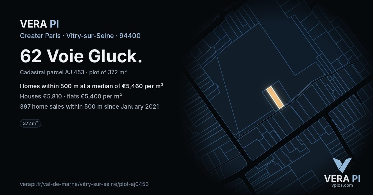 62 Voie Gluck, Vitry-sur-Seine at night – the plot lit, the parcels around coloured by the prices near them