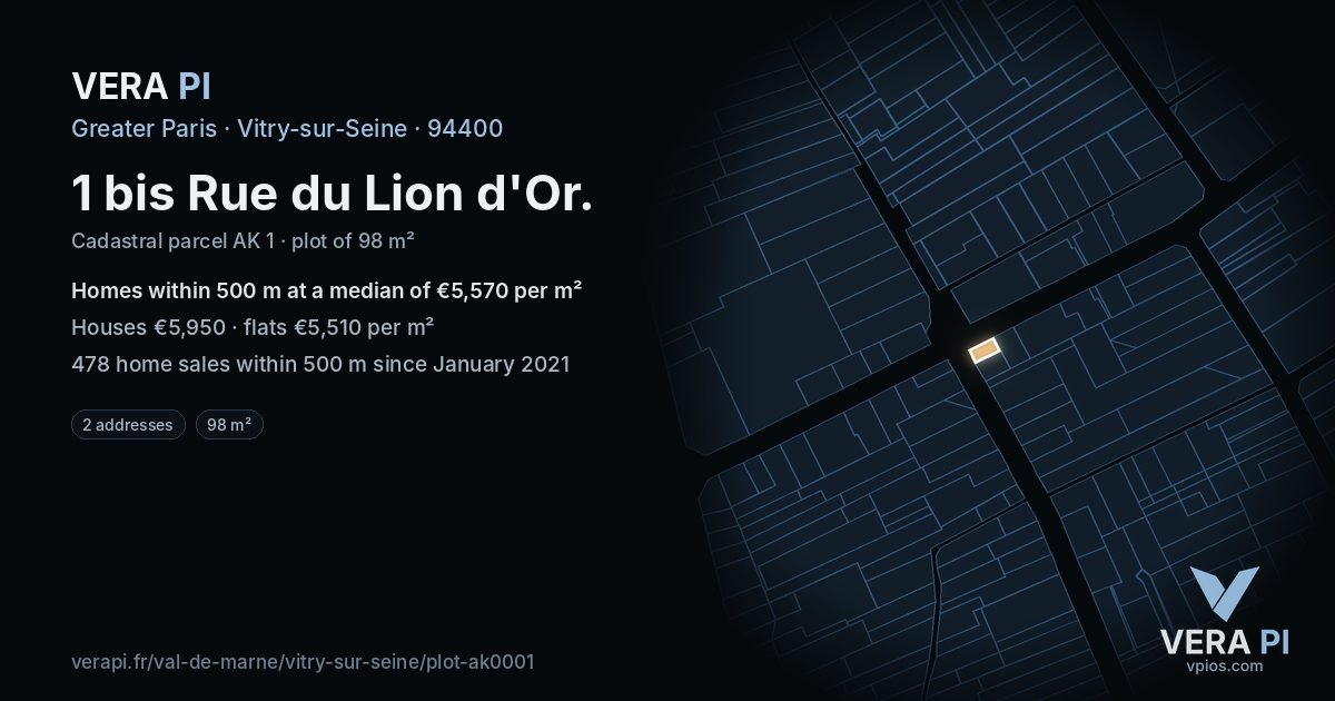 1 bis Rue du Lion d'Or, Vitry-sur-Seine at night – the plot lit, the parcels around coloured by the prices near them