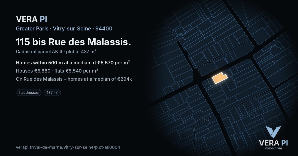 115 bis Rue des Malassis, Vitry-sur-Seine at night – the plot lit, the parcels around coloured by the prices near them