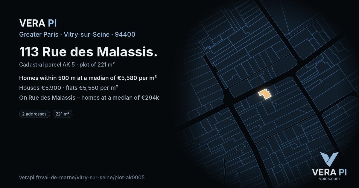 113 Rue des Malassis, Vitry-sur-Seine at night – the plot lit, the parcels around coloured by the prices near them