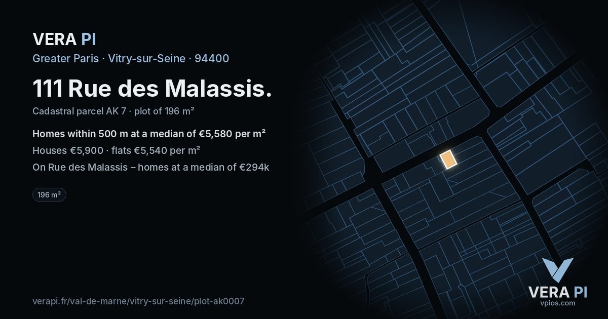 111 Rue des Malassis, Vitry-sur-Seine at night – the plot lit, the parcels around coloured by the prices near them