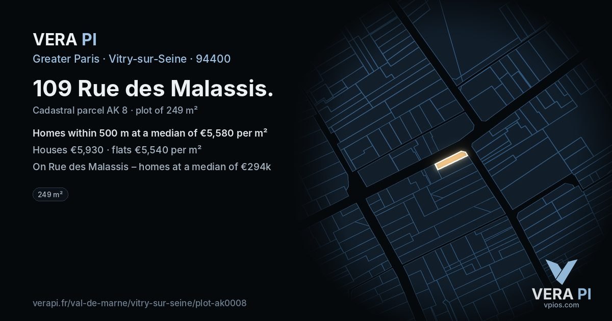 109 Rue des Malassis, Vitry-sur-Seine at night – the plot lit, the parcels around coloured by the prices near them