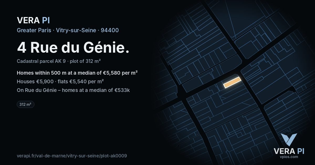 4 Rue du Génie, Vitry-sur-Seine at night – the plot lit, the parcels around coloured by the prices near them