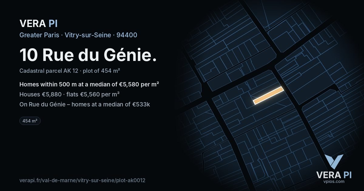 10 Rue du Génie, Vitry-sur-Seine at night – the plot lit, the parcels around coloured by the prices near them