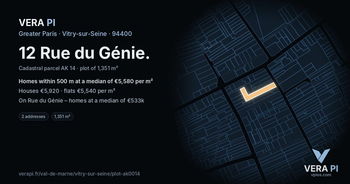 12 Rue du Génie, Vitry-sur-Seine at night – the plot lit, the parcels around coloured by the prices near them