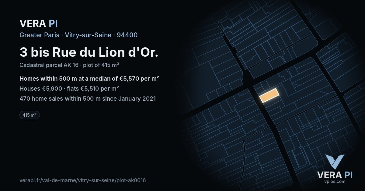 3 bis Rue du Lion d'Or, Vitry-sur-Seine at night – the plot lit, the parcels around coloured by the prices near them