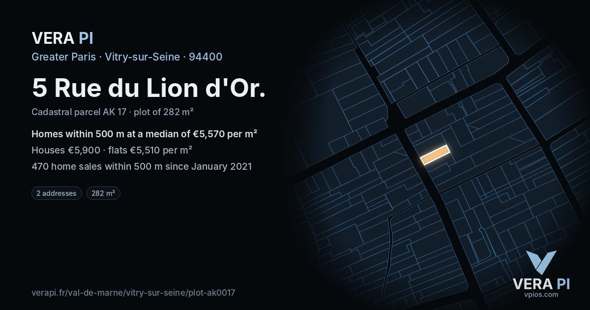 5 Rue du Lion d'Or, Vitry-sur-Seine at night – the plot lit, the parcels around coloured by the prices near them