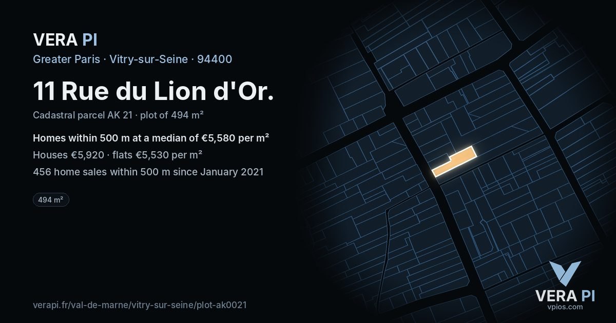11 Rue du Lion d'Or, Vitry-sur-Seine at night – the plot lit, the parcels around coloured by the prices near them