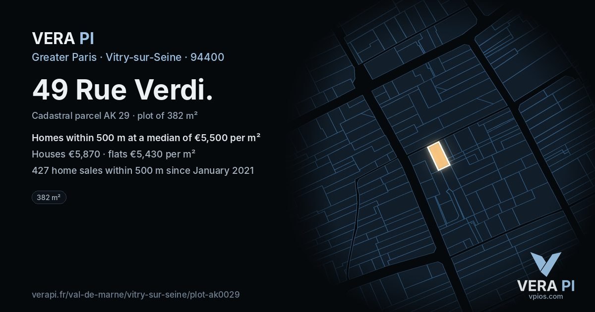 49 Rue Verdi, Vitry-sur-Seine at night – the plot lit, the parcels around coloured by the prices near them