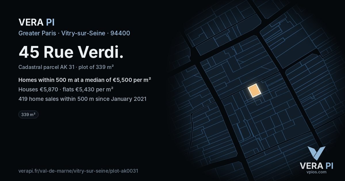 45 Rue Verdi, Vitry-sur-Seine at night – the plot lit, the parcels around coloured by the prices near them