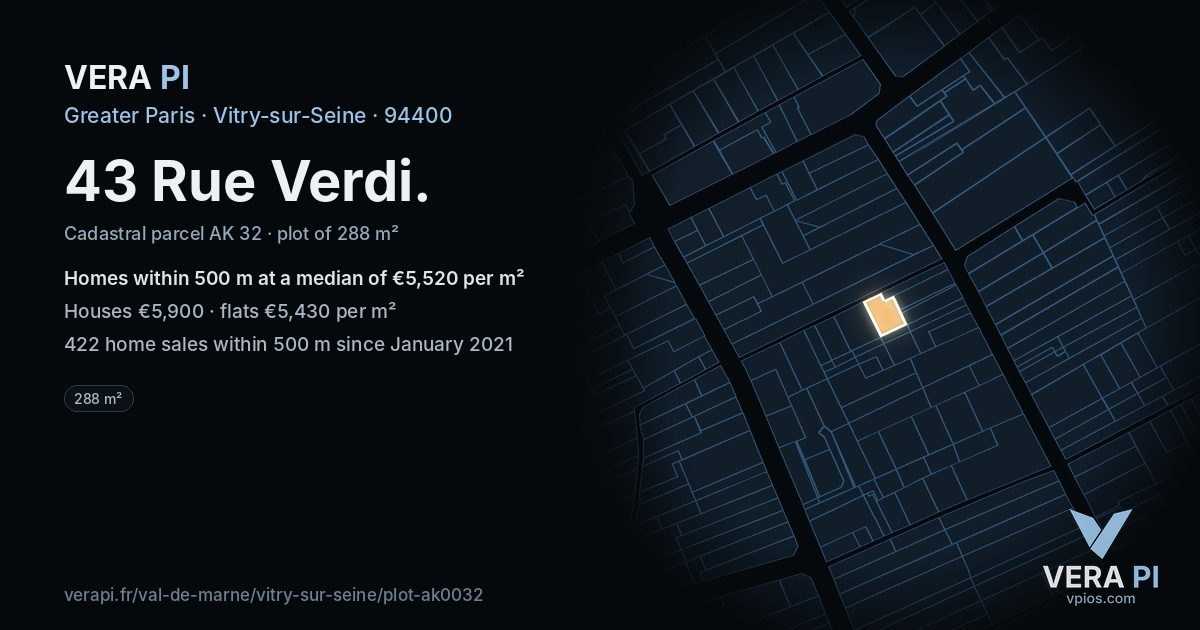 43 Rue Verdi, Vitry-sur-Seine at night – the plot lit, the parcels around coloured by the prices near them