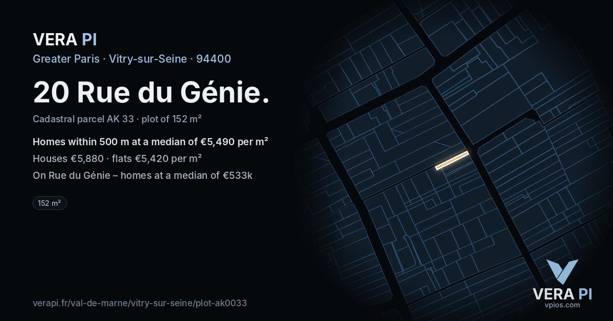 20 Rue du Génie, Vitry-sur-Seine at night – the plot lit, the parcels around coloured by the prices near them