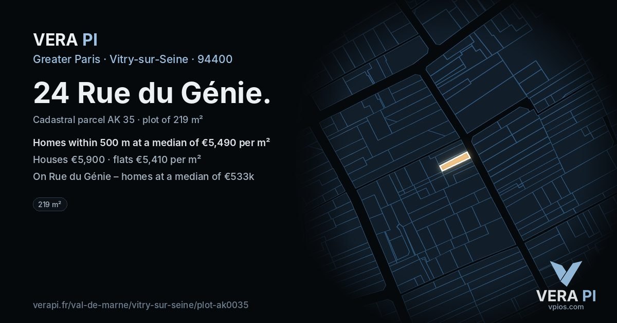 24 Rue du Génie, Vitry-sur-Seine at night – the plot lit, the parcels around coloured by the prices near them