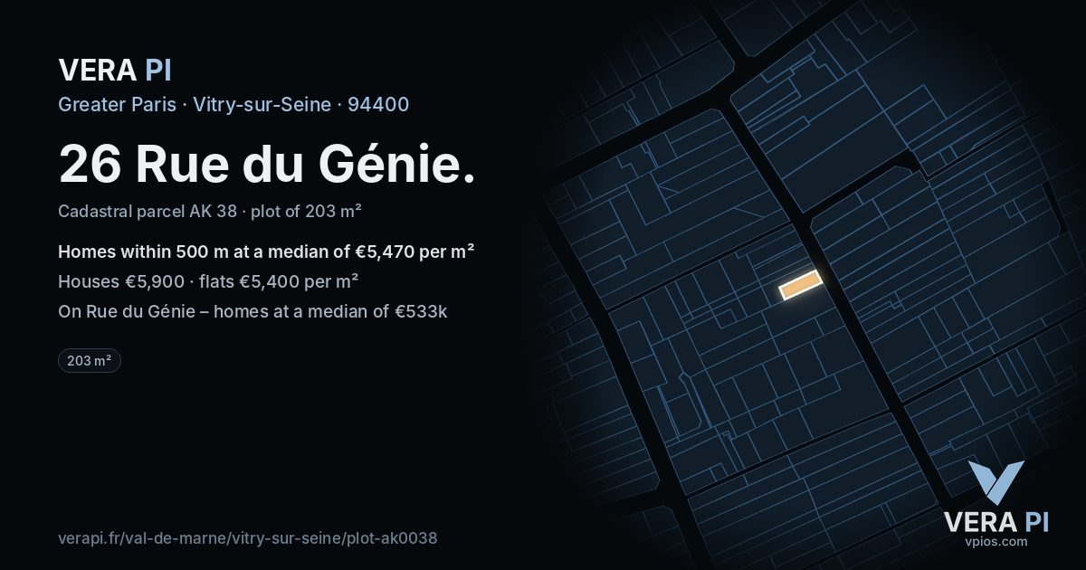 26 Rue du Génie, Vitry-sur-Seine at night – the plot lit, the parcels around coloured by the prices near them