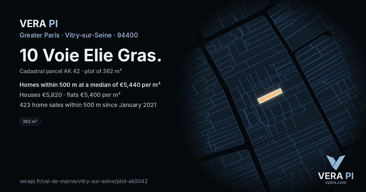 10 Voie Elie Gras, Vitry-sur-Seine at night – the plot lit, the parcels around coloured by the prices near them
