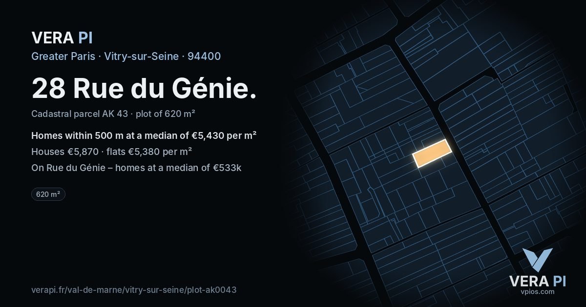 28 Rue du Génie, Vitry-sur-Seine at night – the plot lit, the parcels around coloured by the prices near them