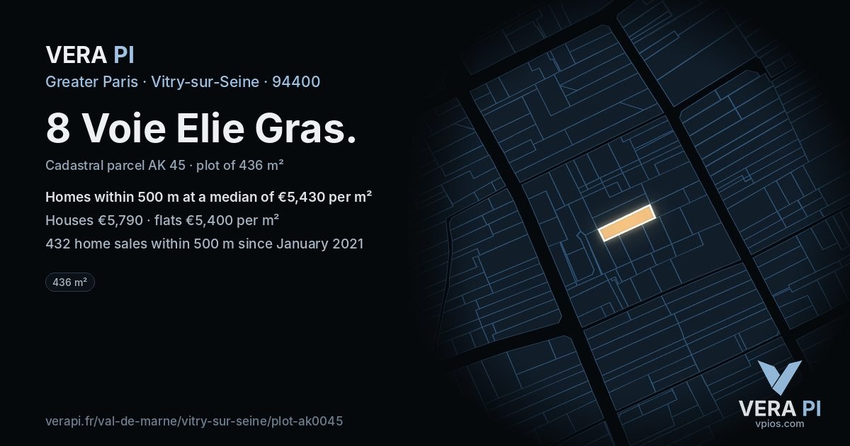8 Voie Elie Gras, Vitry-sur-Seine at night – the plot lit, the parcels around coloured by the prices near them