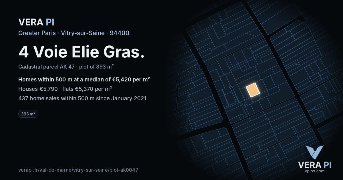 4 Voie Elie Gras, Vitry-sur-Seine at night – the plot lit, the parcels around coloured by the prices near them