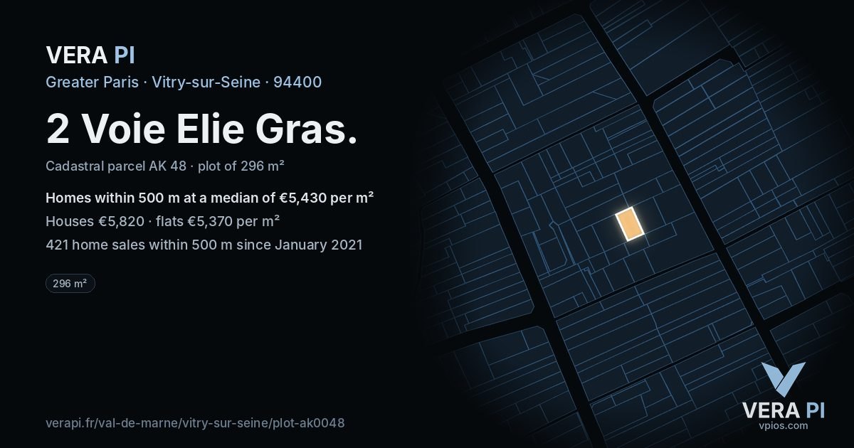 2 Voie Elie Gras, Vitry-sur-Seine at night – the plot lit, the parcels around coloured by the prices near them