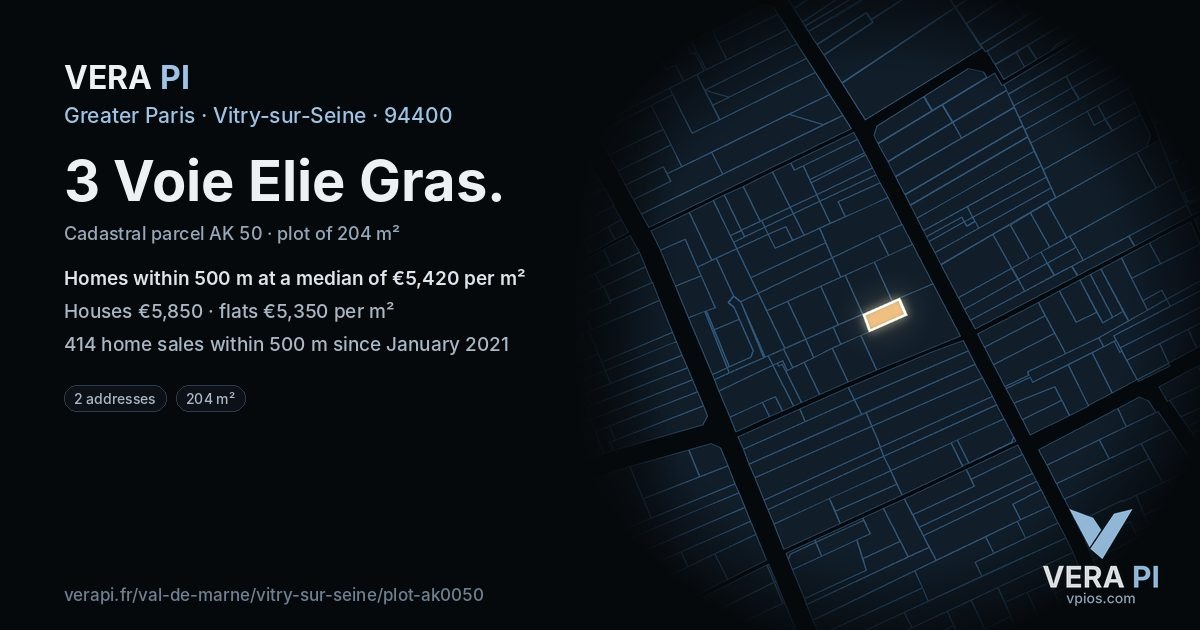 3 Voie Elie Gras, Vitry-sur-Seine at night – the plot lit, the parcels around coloured by the prices near them