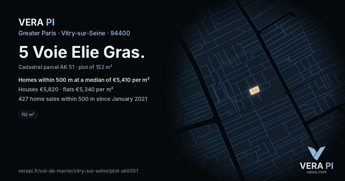 5 Voie Elie Gras, Vitry-sur-Seine at night – the plot lit, the parcels around coloured by the prices near them