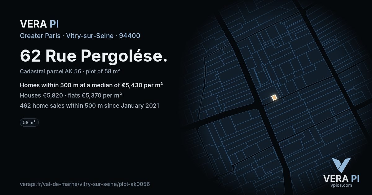 62 Rue Pergolése, Vitry-sur-Seine at night – the plot lit, the parcels around coloured by the prices near them
