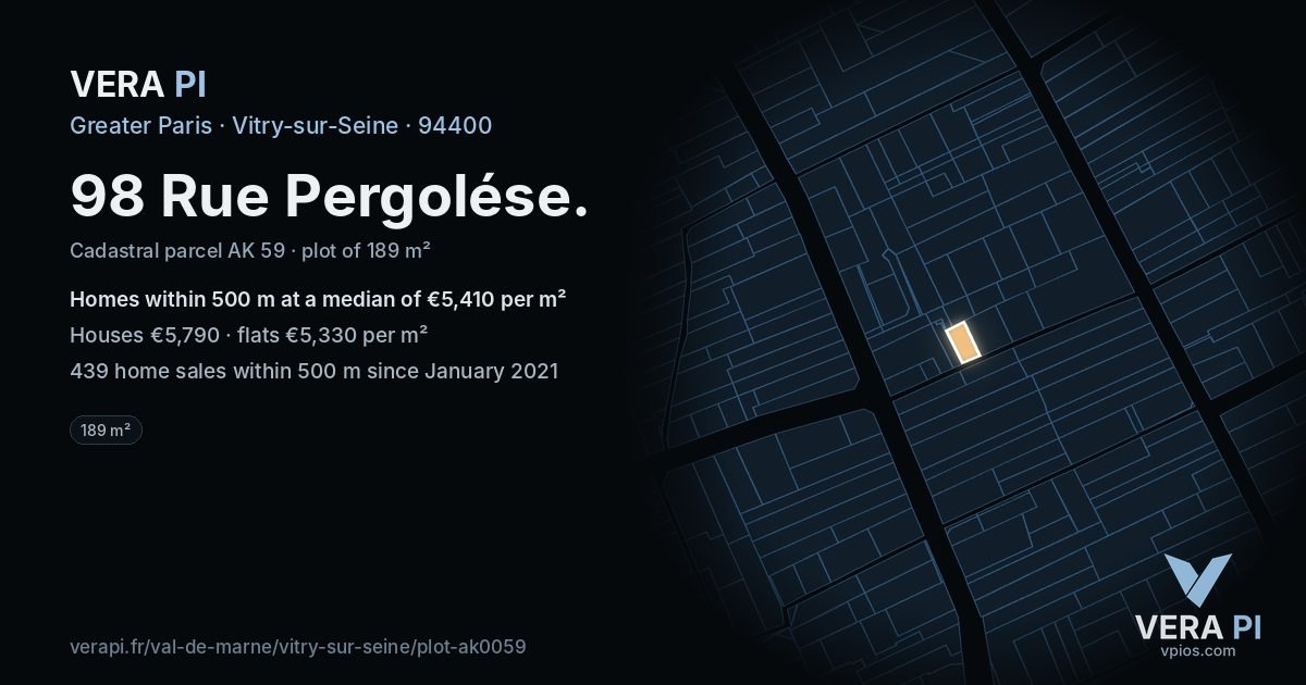 98 Rue Pergolése, Vitry-sur-Seine at night – the plot lit, the parcels around coloured by the prices near them