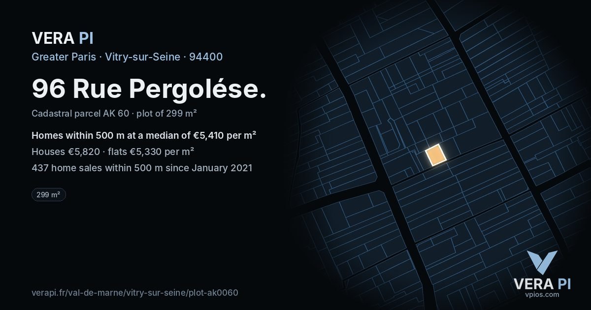 96 Rue Pergolése, Vitry-sur-Seine at night – the plot lit, the parcels around coloured by the prices near them