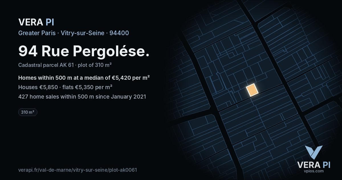 94 Rue Pergolése, Vitry-sur-Seine at night – the plot lit, the parcels around coloured by the prices near them