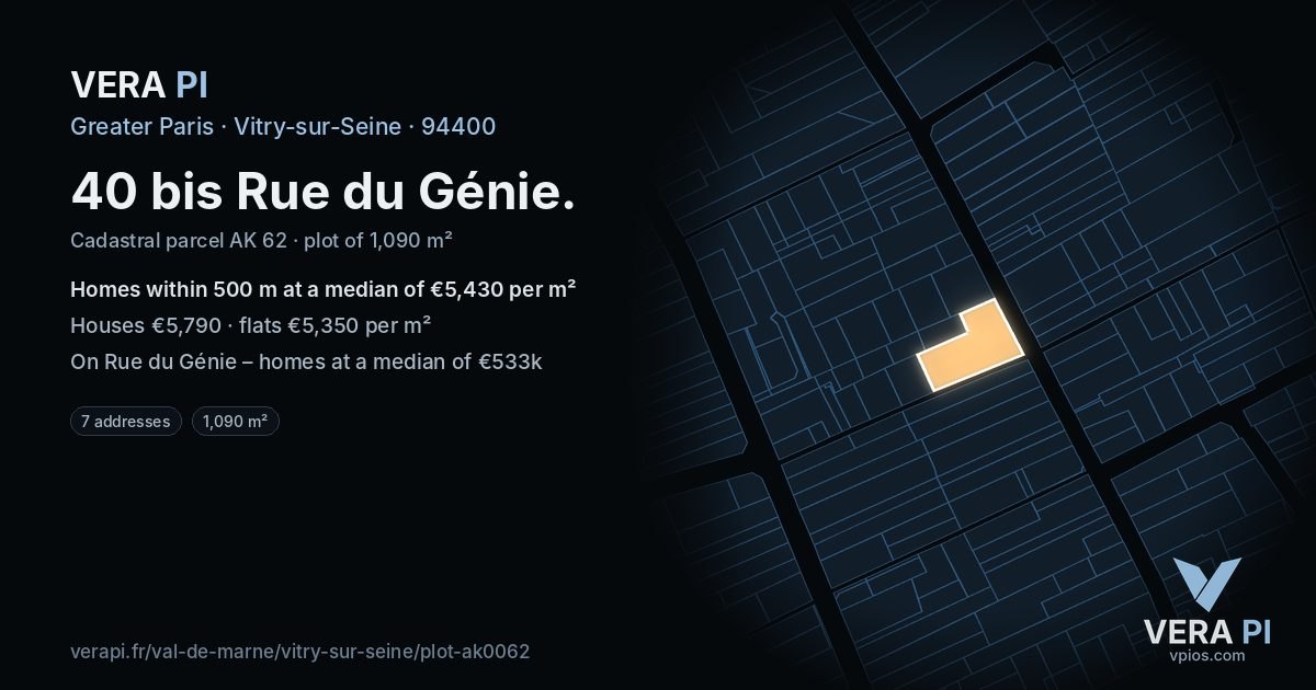 40 bis Rue du Génie, Vitry-sur-Seine at night – the plot lit, the parcels around coloured by the prices near them