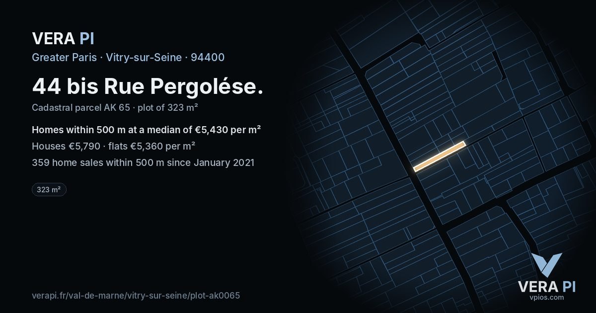 44 bis Rue Pergolése, Vitry-sur-Seine at night – the plot lit, the parcels around coloured by the prices near them