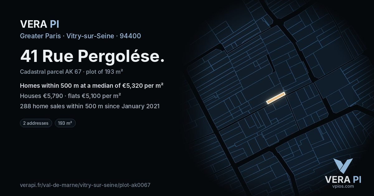 41 Rue Pergolése, Vitry-sur-Seine at night – the plot lit, the parcels around coloured by the prices near them