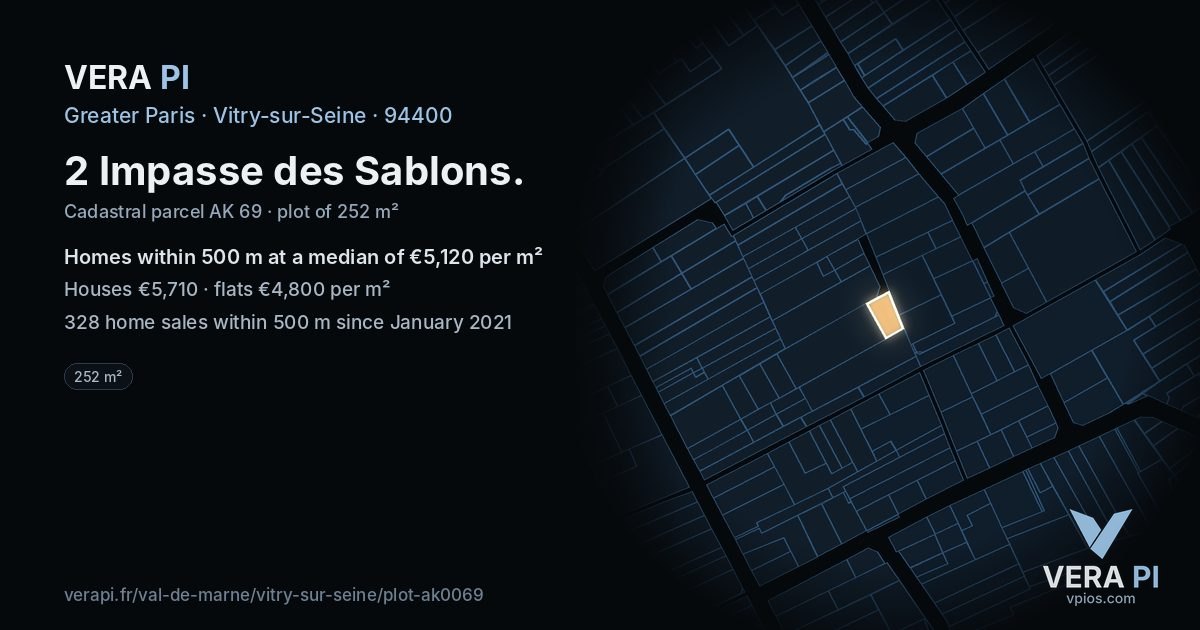 2 Impasse des Sablons, Vitry-sur-Seine at night – the plot lit, the parcels around coloured by the prices near them