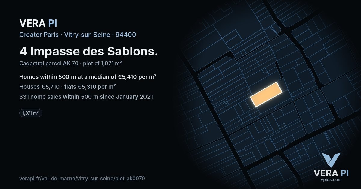 4 Impasse des Sablons, Vitry-sur-Seine at night – the plot lit, the parcels around coloured by the prices near them