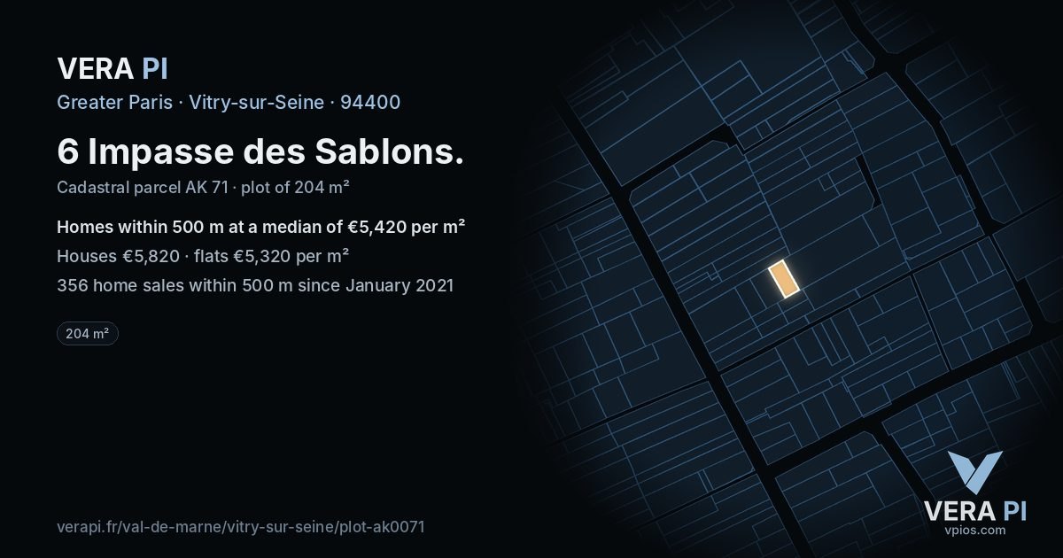 6 Impasse des Sablons, Vitry-sur-Seine at night – the plot lit, the parcels around coloured by the prices near them