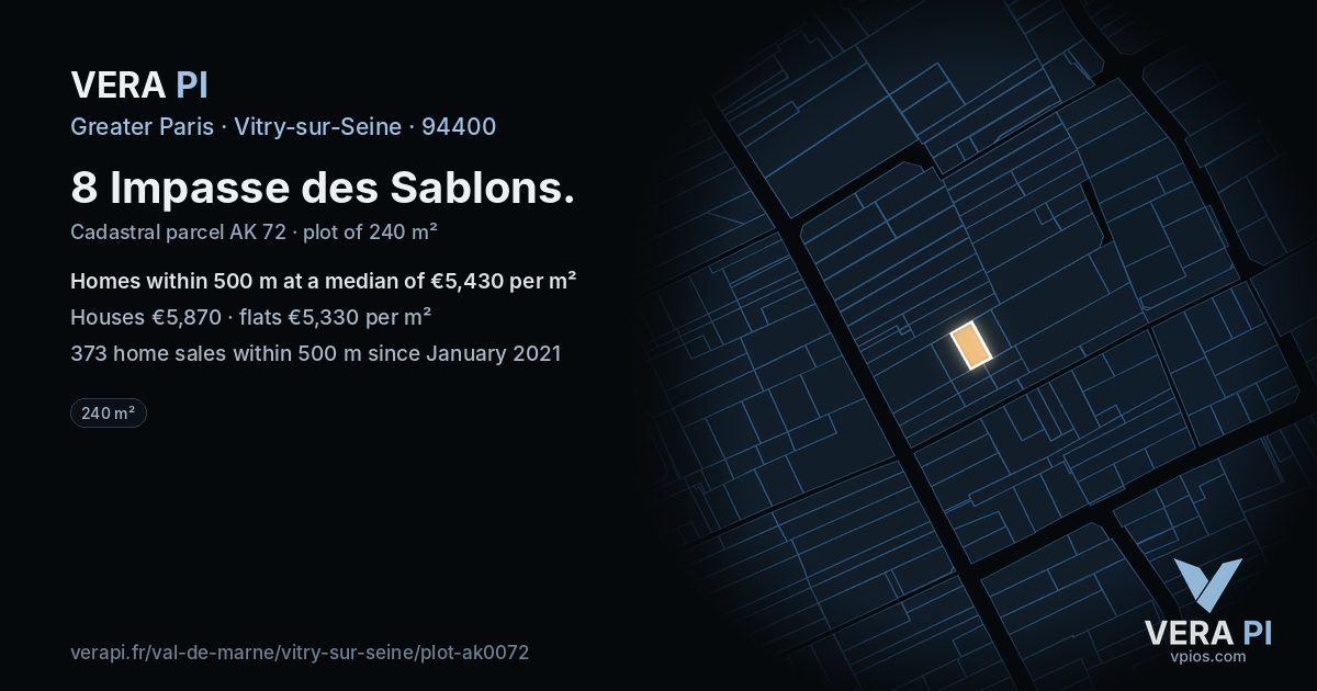 8 Impasse des Sablons, Vitry-sur-Seine at night – the plot lit, the parcels around coloured by the prices near them