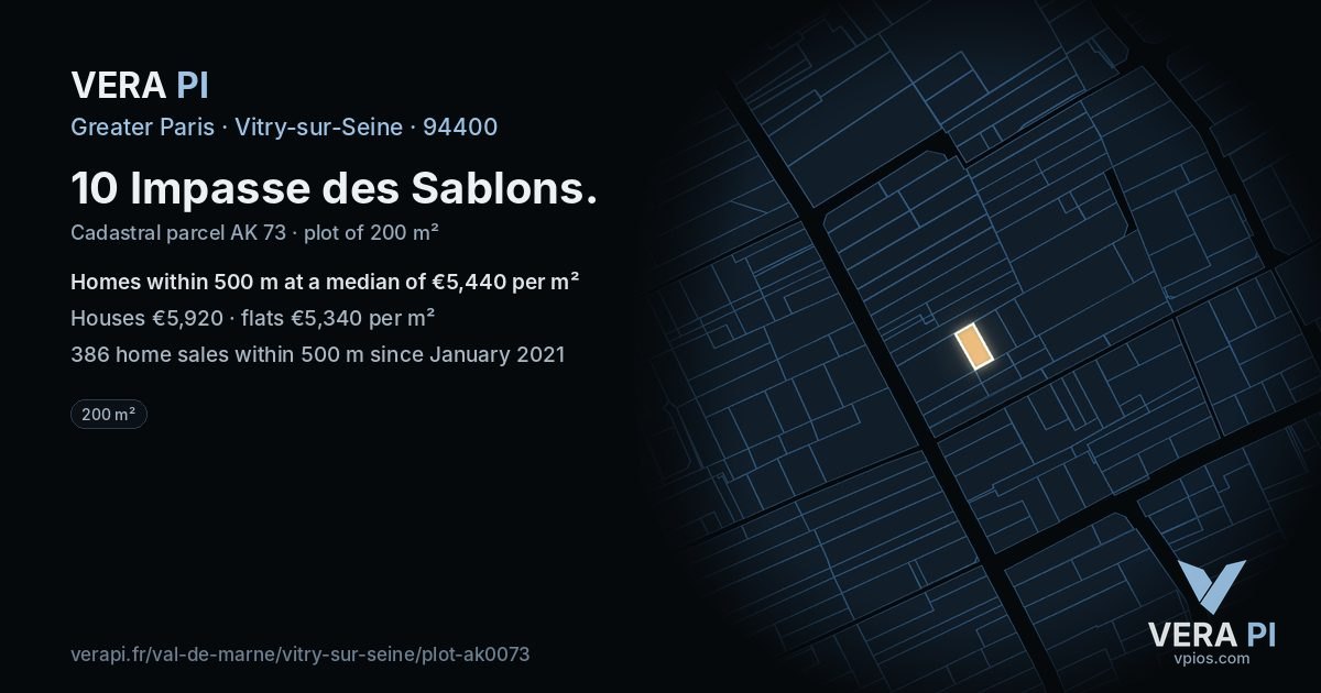10 Impasse des Sablons, Vitry-sur-Seine at night – the plot lit, the parcels around coloured by the prices near them