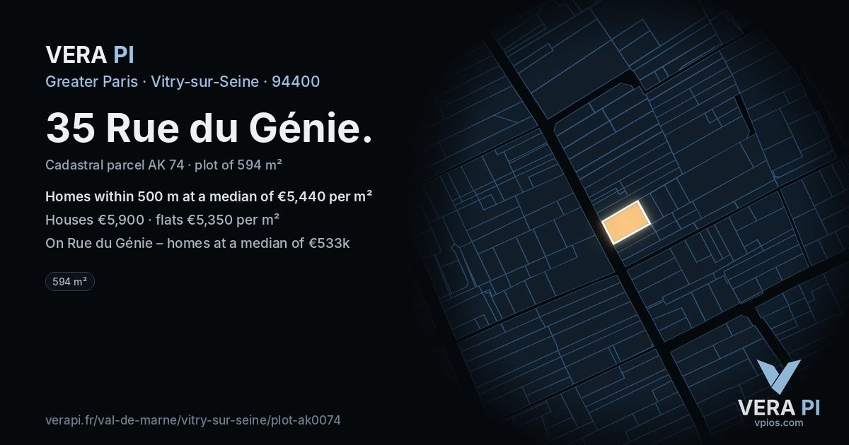 35 Rue du Génie, Vitry-sur-Seine at night – the plot lit, the parcels around coloured by the prices near them