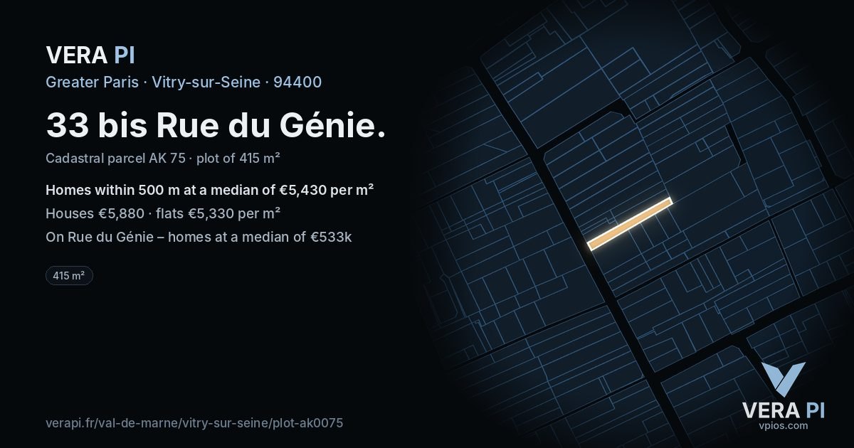 33 bis Rue du Génie, Vitry-sur-Seine at night – the plot lit, the parcels around coloured by the prices near them
