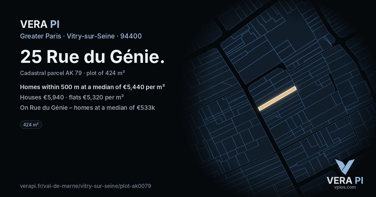 25 Rue du Génie, Vitry-sur-Seine at night – the plot lit, the parcels around coloured by the prices near them