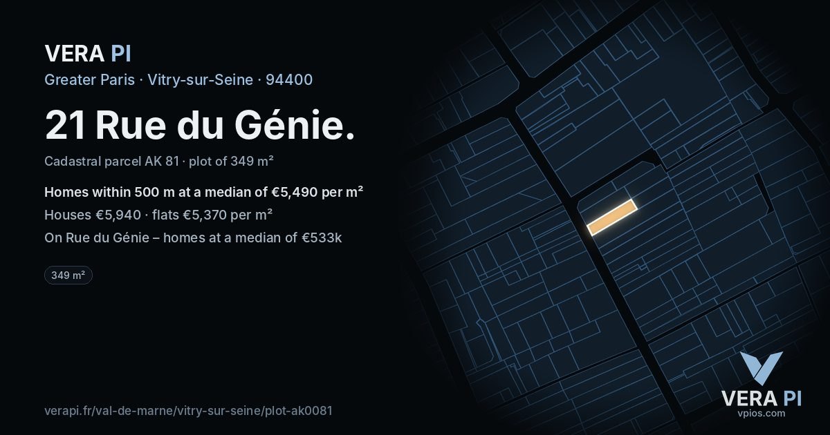 21 Rue du Génie, Vitry-sur-Seine at night – the plot lit, the parcels around coloured by the prices near them