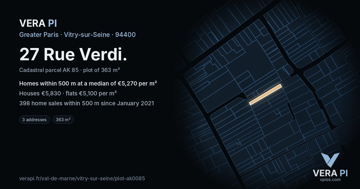 27 Rue Verdi, Vitry-sur-Seine at night – the plot lit, the parcels around coloured by the prices near them