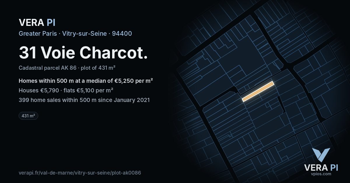 31 Voie Charcot, Vitry-sur-Seine at night – the plot lit, the parcels around coloured by the prices near them