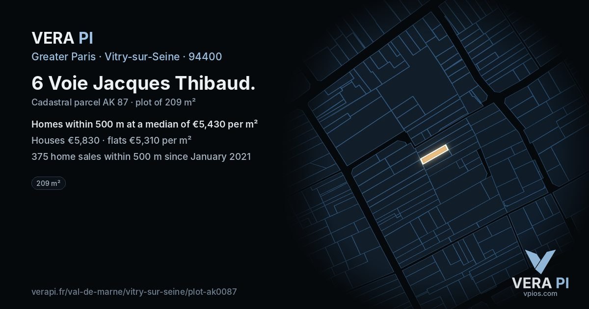 6 Voie Jacques Thibaud, Vitry-sur-Seine at night – the plot lit, the parcels around coloured by the prices near them
