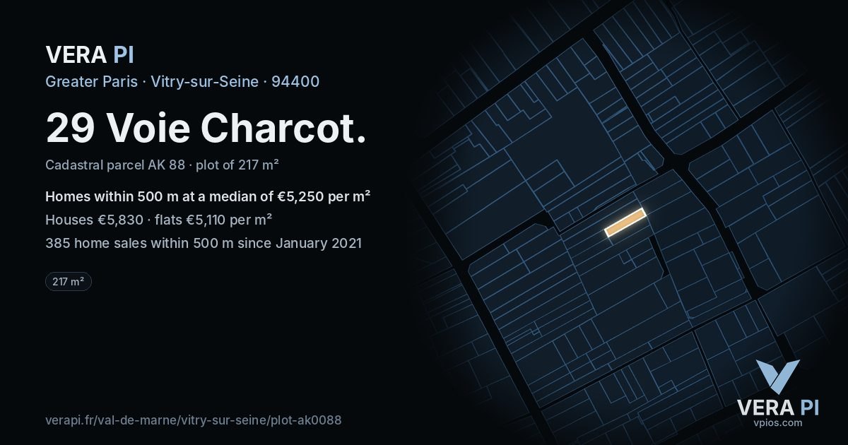 29 Voie Charcot, Vitry-sur-Seine at night – the plot lit, the parcels around coloured by the prices near them