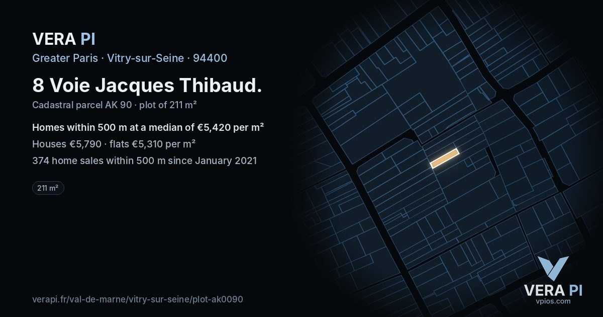 8 Voie Jacques Thibaud, Vitry-sur-Seine at night – the plot lit, the parcels around coloured by the prices near them