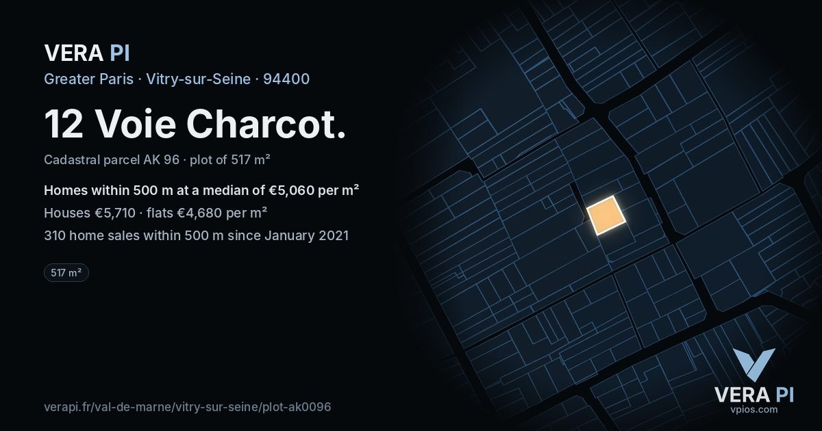 12 Voie Charcot, Vitry-sur-Seine at night – the plot lit, the parcels around coloured by the prices near them