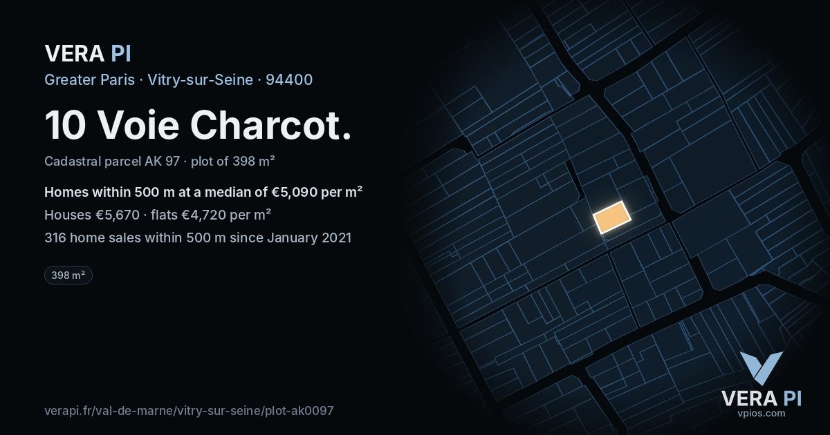 10 Voie Charcot, Vitry-sur-Seine at night – the plot lit, the parcels around coloured by the prices near them