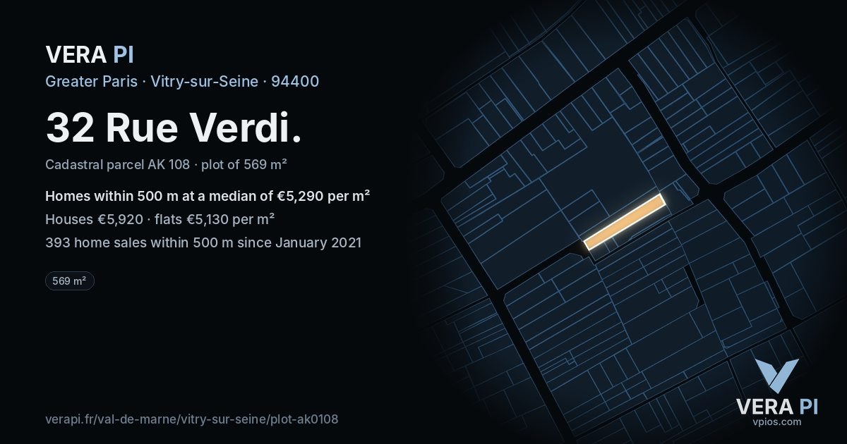 32 Rue Verdi, Vitry-sur-Seine at night – the plot lit, the parcels around coloured by the prices near them